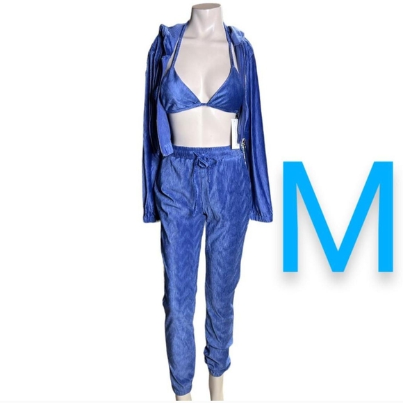 🆕Blue Velour Corduroy Bikini Top & Hoodie Sweater & Joggers 3 PC Set~Size M - Picture 1 of 8